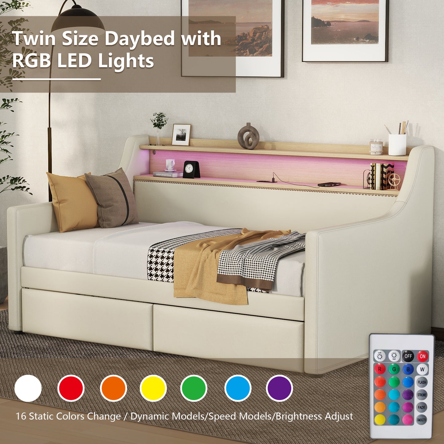UHOMEPRO Twin Size Daybed with Storage, Upholstered Linen Fabric Daybed with Charging Station and LED Lights