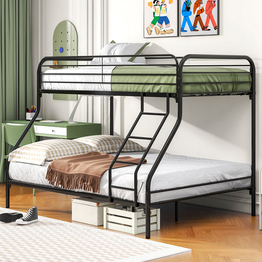 Metal Twin Over Full Bunk Bed, Heavy-duty Metal Bunk Beds For Kids Twin Over Full Size, Low Profile Metal Bunk Bed with Ladder and Full-Length Guardrail, Modern Kids Room Furniture, Black