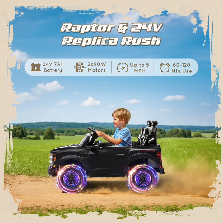 Ford F150 Raptor 24V Powered Ride on Cars for Kids, Extra large Real 2 Seater Ride on Toys with Remote Control, Bluetooth, LED, Truck Storage, Electric Vehicles Ride on Truck for Boys Girls Gifts