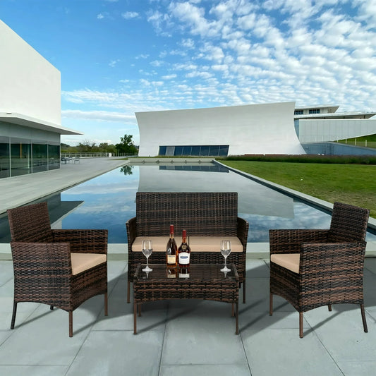 UHOMEPRO 4-Piece Patio Furniture Sets in Patio & Garden, Outdoor Rattan Sofa PE Rattan Chair Garden Conversation for Backyard with 2 Arm Chairs and 1 Love Seat & Tempered Glass Coffee Table