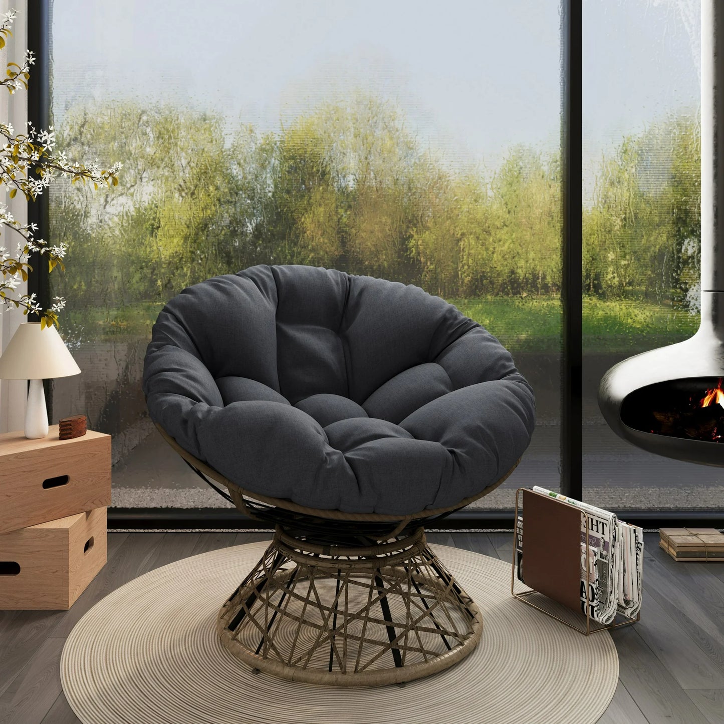 UHOMEPRO 41.5" Rattan Papasan Chair with Handwoven Wicker, Modern Ergonomic Lounge Chair with Cloud Thick Density Fabric Cushion, Comfy Single Swivel Chair for Living Room Bedroom Garden, Gray