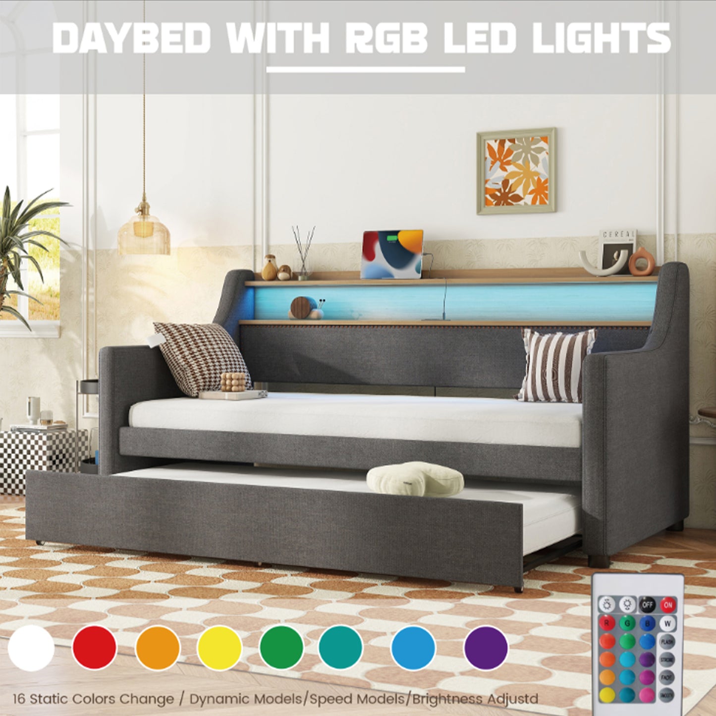 UHOMEPRO Twin Size Daybed with Storage, Upholstered Linen Fabric Daybed with Charging Station and LED Lights
