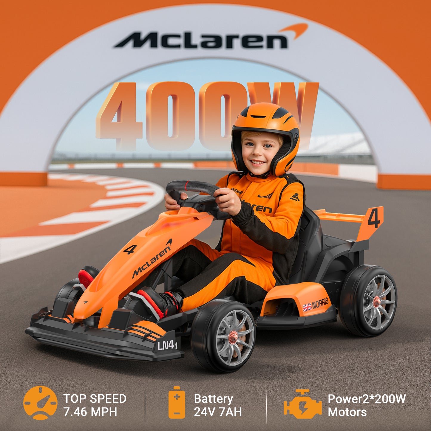 McLaren 24V Kids Electric Go Kart, 24V Powered Drift Racing Ride On Car Toy, 400W Dual Motor, 3-Level Adjustable Seat, Rear-Wheel Drive, 360° Spin Pedal Go Kart for Boys Girls Ages 6+
