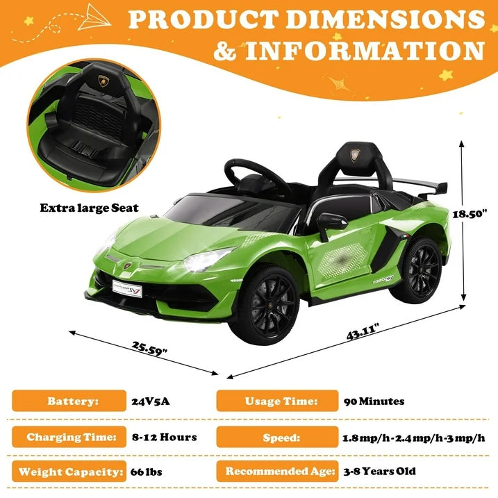 Lamborghini 24V Kids Ride on Cars, Powered Electric Cars for Kids 3-5 Boy Girl Gift, Lamborghini Xago 4 Wheels Battery Ride on Toy Cars With Remote Control, Bluetooth, LED Lights, Green