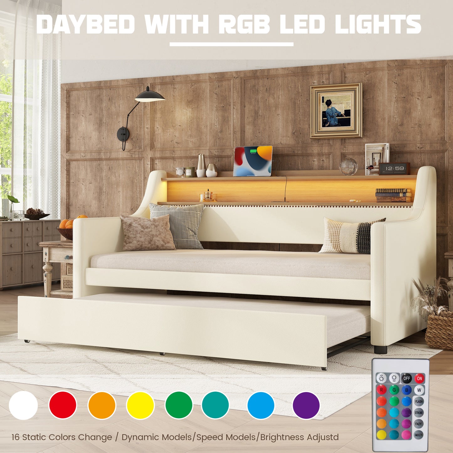UHOMEPRO Twin Size Daybed with Storage, Upholstered Linen Fabric Daybed with Charging Station and LED Lights