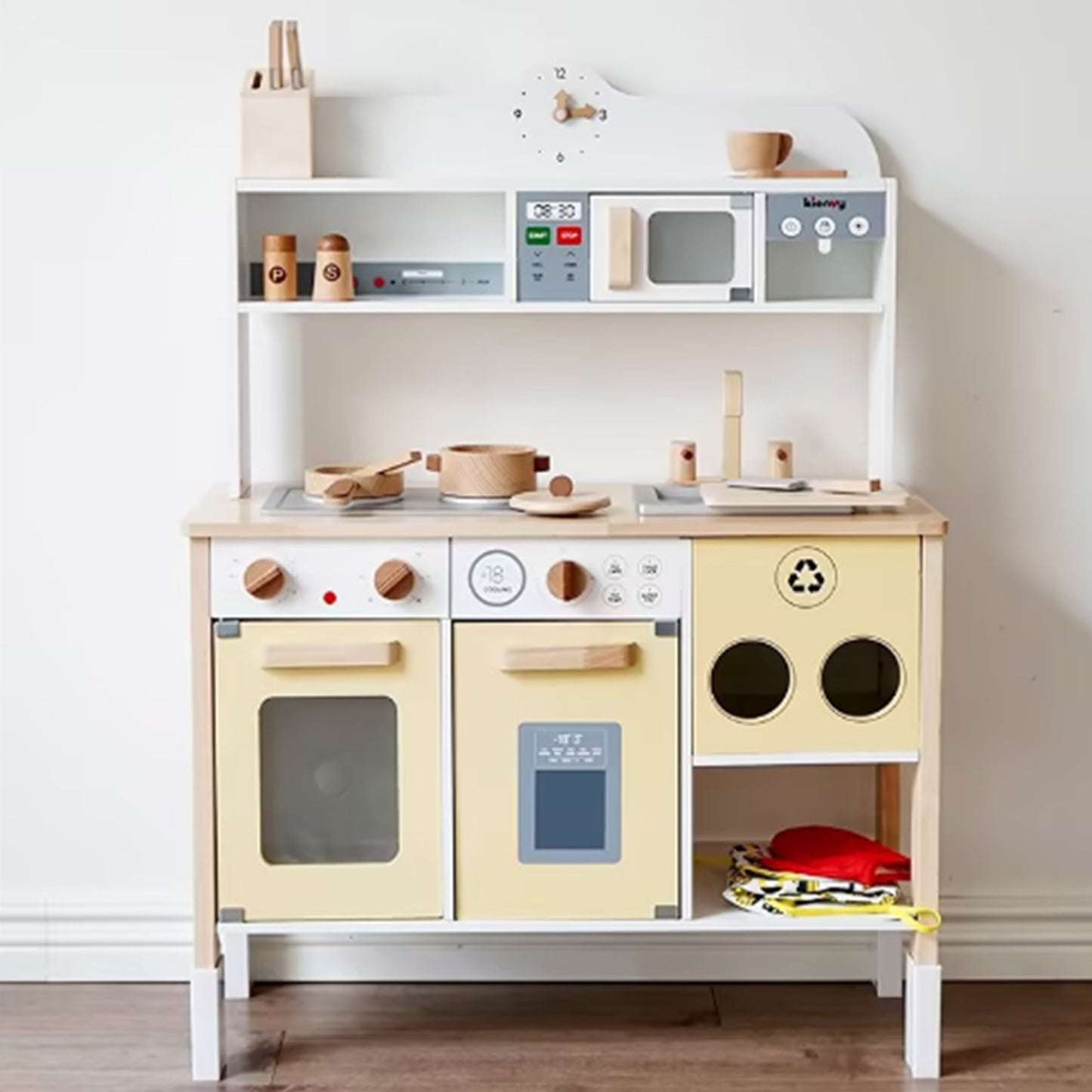 COCLUB Toddler Play Kitchen, Wooden Play Kitchen Toy Set Gift for Ages 1-3 with 18 Pcs Cookware Accessories