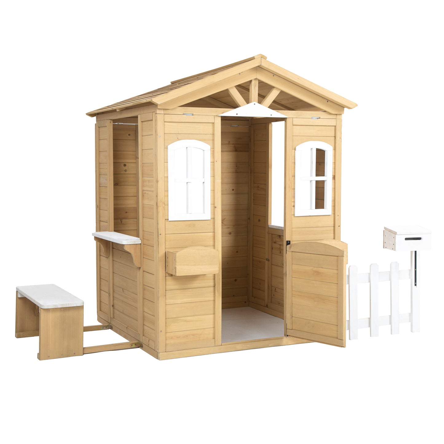 COCLUB Play House for Kids Ages 4-8, Outdoor Wooden Playhouse with Play Kitchen, Snack Bar, Picnic Bench, Mailbox, Flowerpot Holders, 39" x 38" x 55.5"
