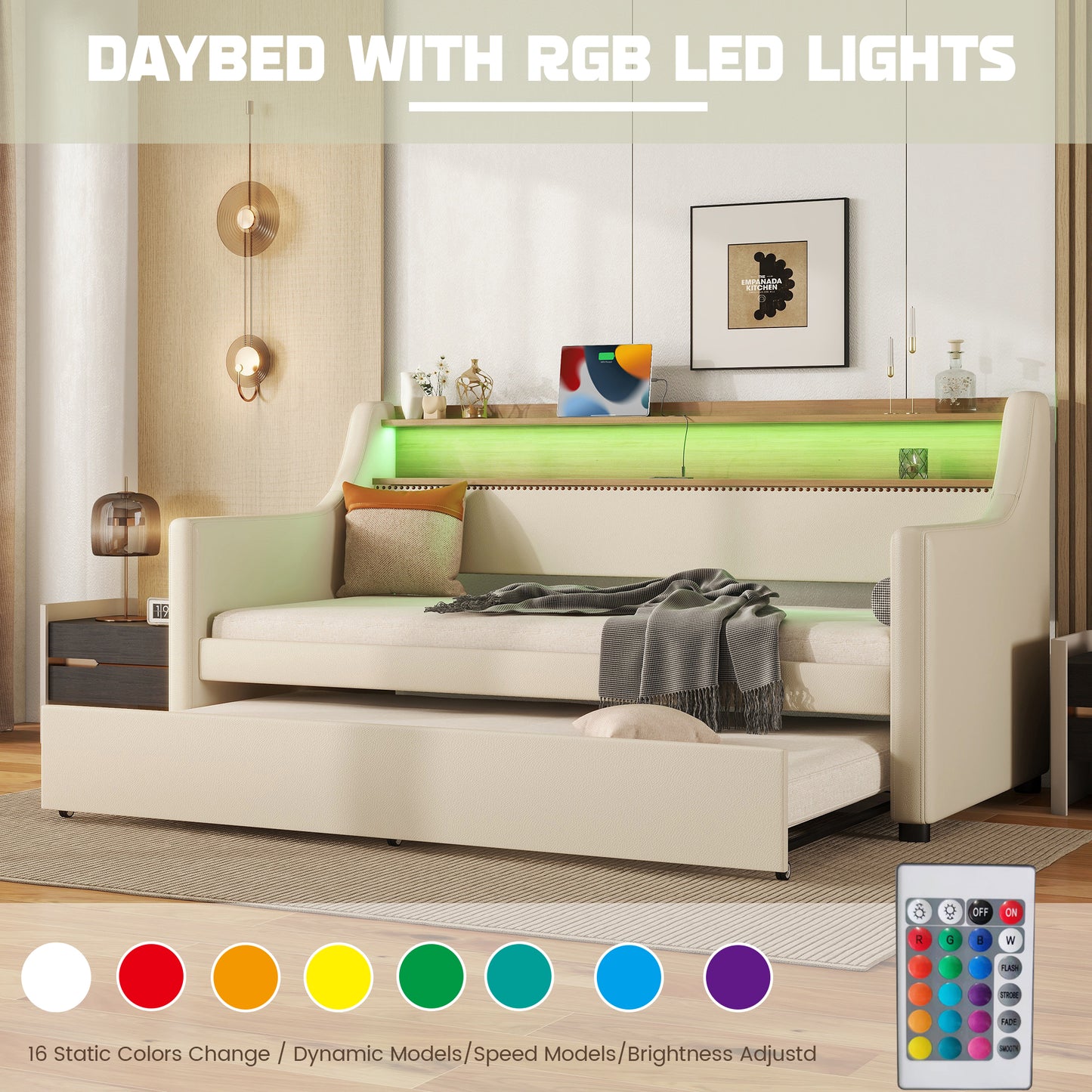 UHOMEPRO Twin Size Daybed with Storage, Upholstered Linen Fabric Daybed with Charging Station and LED Lights