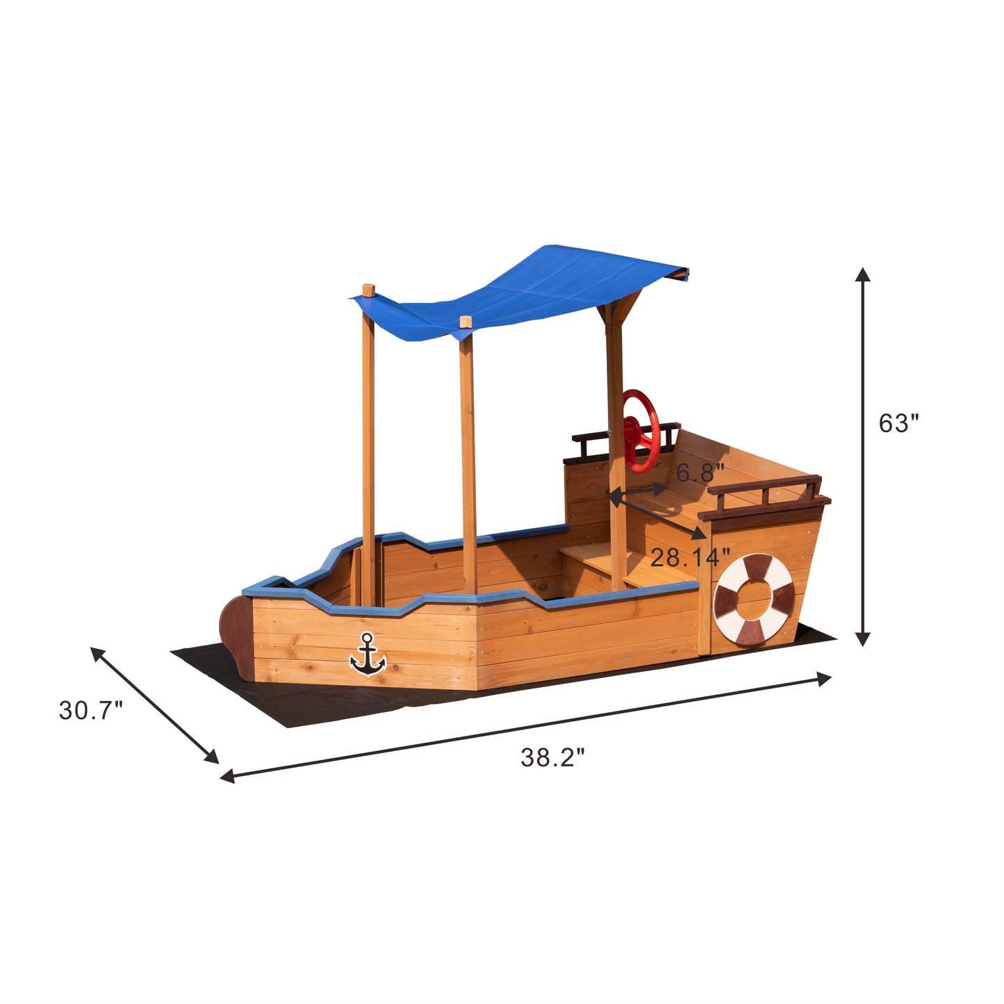 COCLUB Pirate Ship Sandbox, Kids Wooden Sandbox with Cover and Rudder, Boys and Girl Outdoor Toy with Storage Bench and Seat, Gift for Ages 3-8