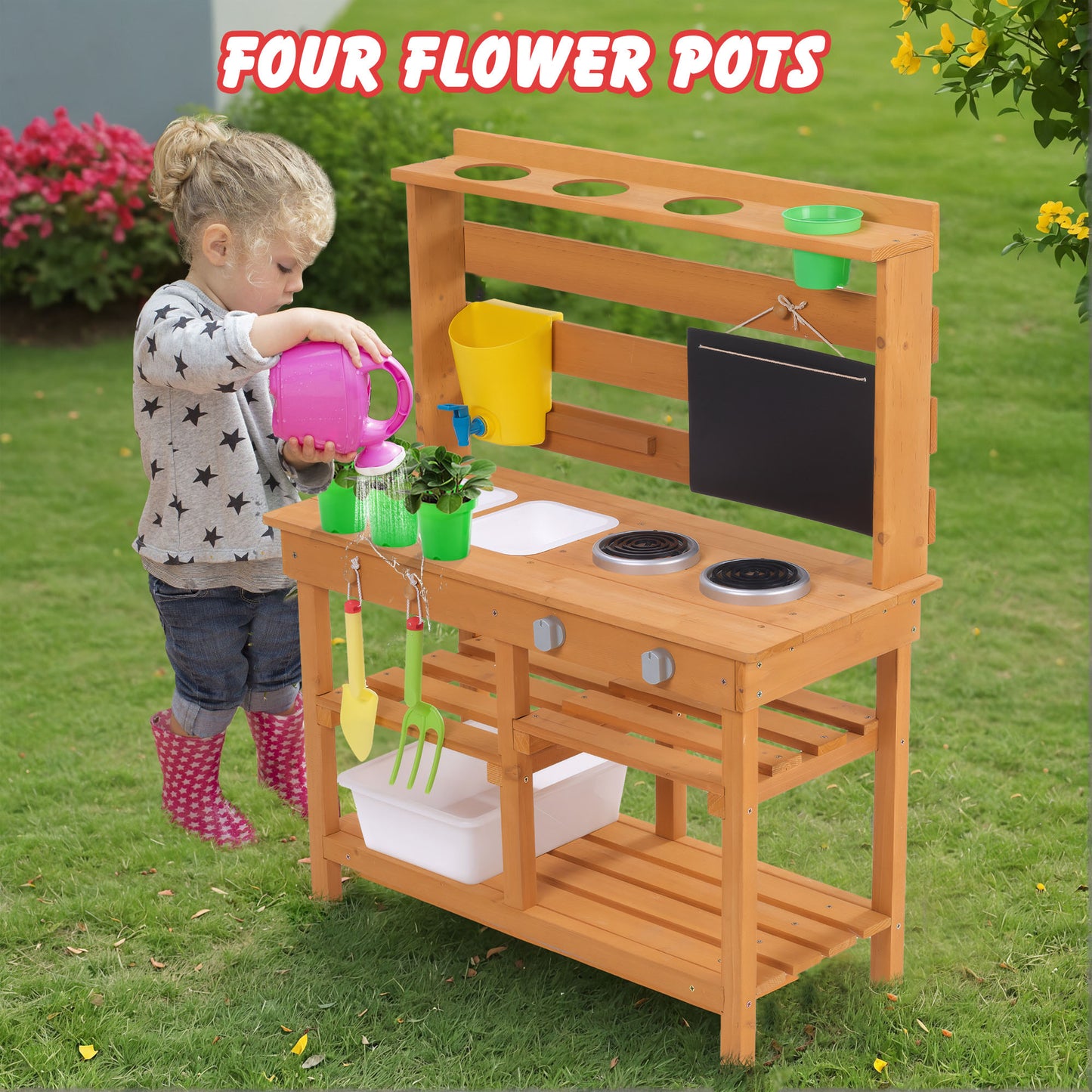 COCLUB Playhouse for Kids Outdoor, Modern Wooden Playhouse with Working Door, Windows, Flowers Pot Holder, Play House for Kids Ages 4-8, 42"x46"x55"