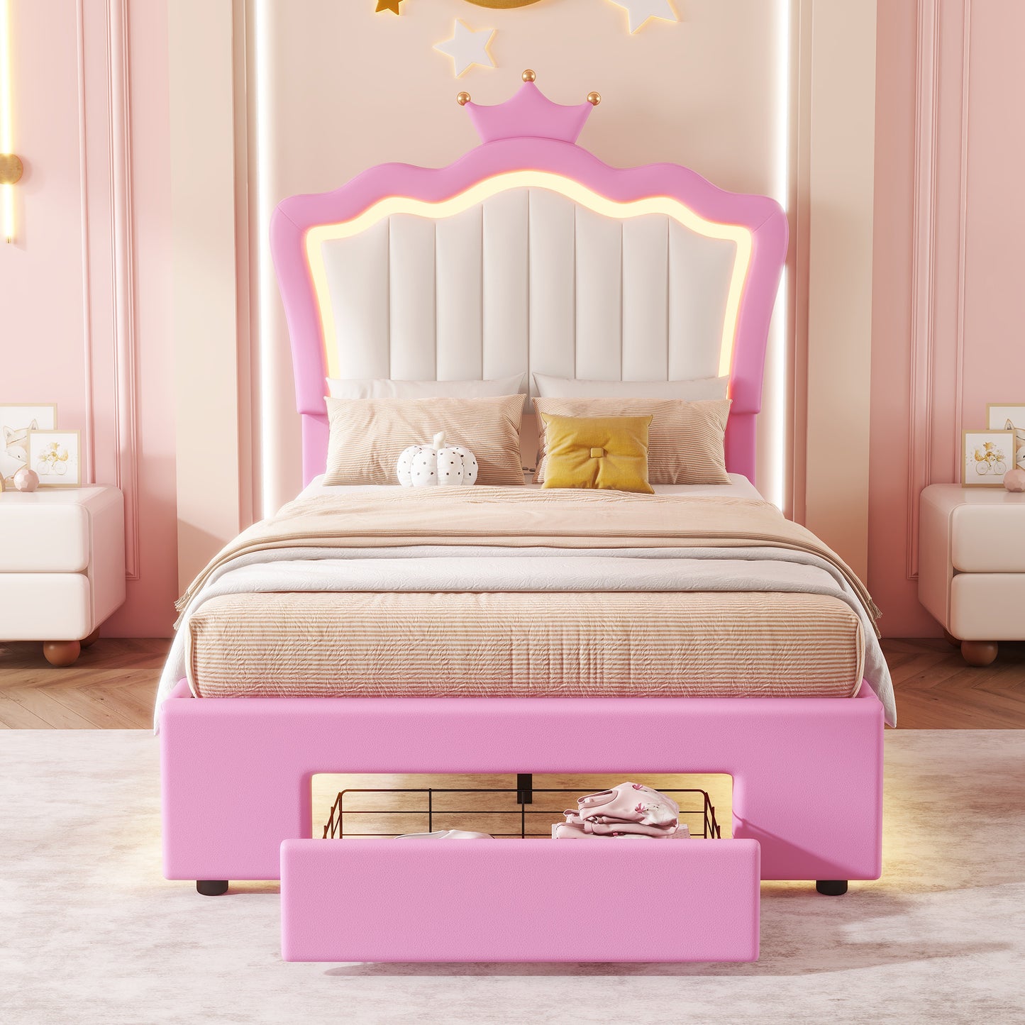 UHOMEPRO Twin Size Upholstered Bed Frame with LED Lights, Modern Princess Bedframe with Crown Headboard, a Drawer, Princess Bed with Adjustable Height Headboard for girls, Noise Free, Pink+White