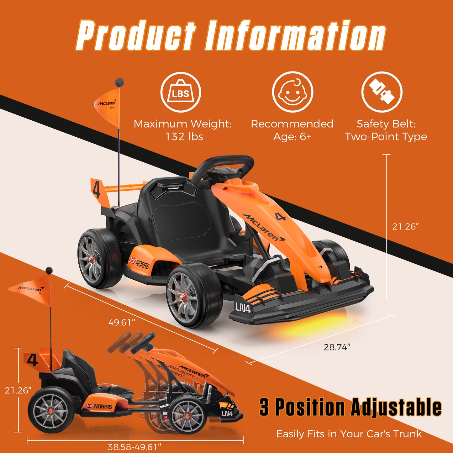McLaren 24V Kids Electric Go Kart, 24V Powered Drift Racing Ride On Car Toy, 400W Dual Motor, 3-Level Adjustable Seat, Rear-Wheel Drive, 360° Spin Pedal Go Kart for Boys Girls Ages 6+
