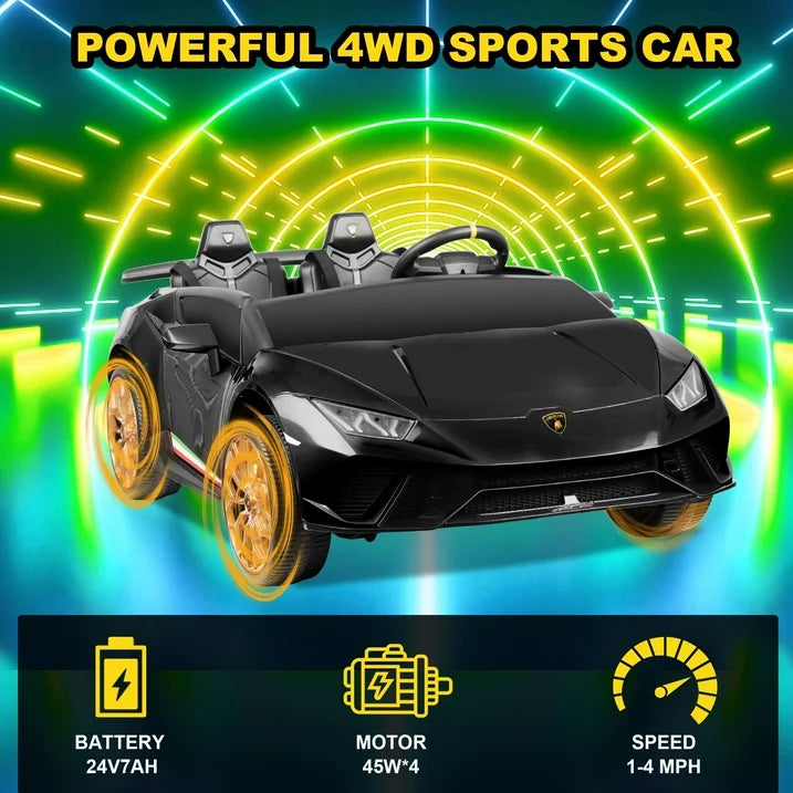 Lamborghini Huracan 24V Powered Ride on Car 2 Seat, 4WD Electric Cars for Kids with Remote Control, Suspension, LED Light, Music, Bluetooth, Children Ride on Toy for 3-8 Years Boys Girls, Black