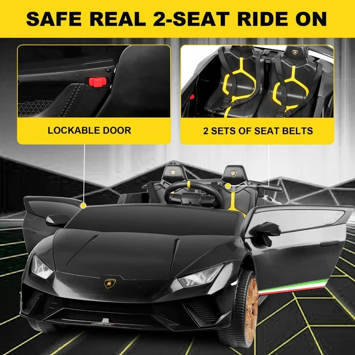 Lamborghini Huracan 24V Powered Ride on Car 2 Seat, 4WD Electric Cars for Kids with Remote Control, Suspension, LED Light, Music, Bluetooth, Children Ride on Toy for 3-8 Years Boys Girls, Black