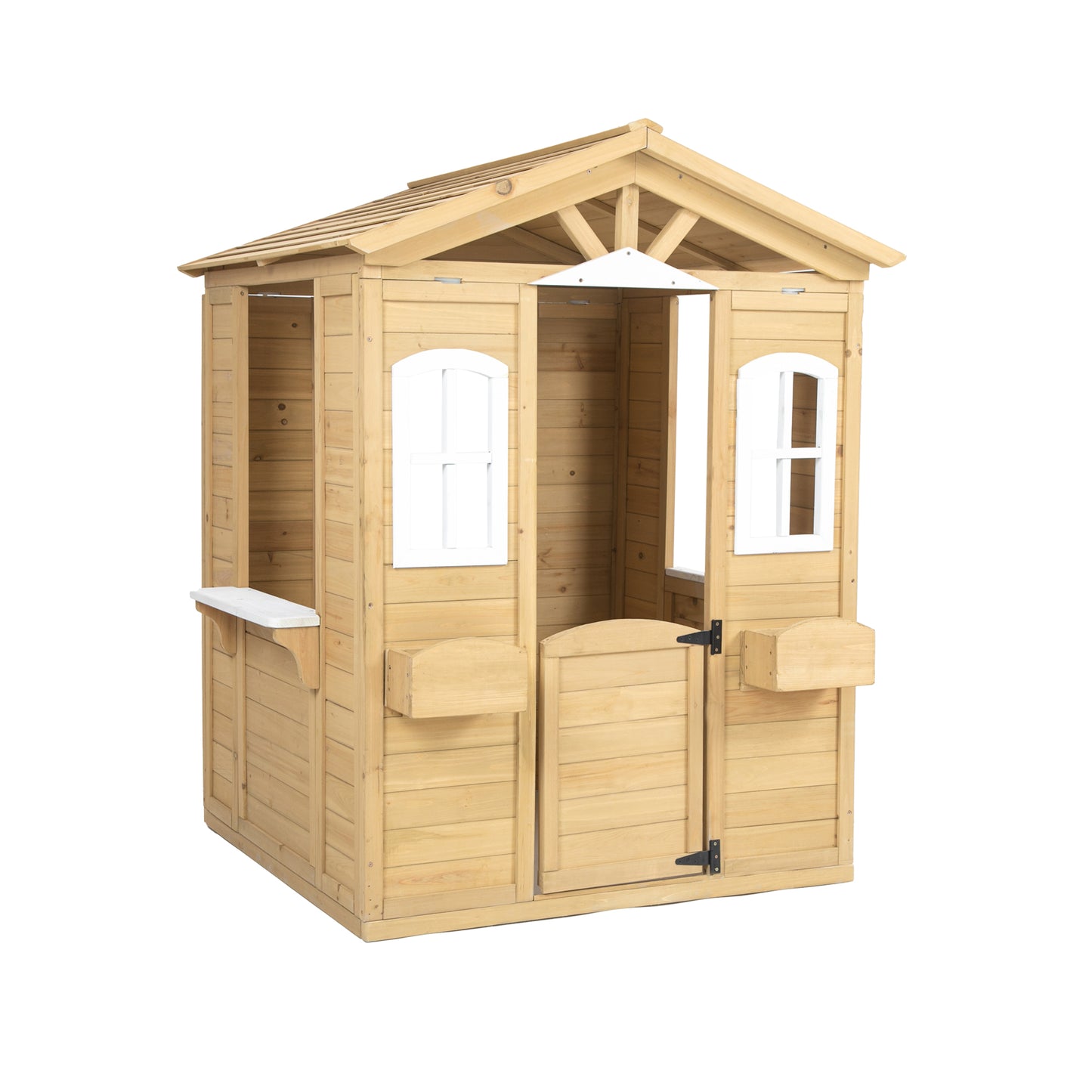 Outdoor Playhouse, Wooden Playhouses for Kids Ages 4-8 with Doorbells, Flower Pot Holders, Stove, Sink, Cookware, 45" L*43" W*65" H