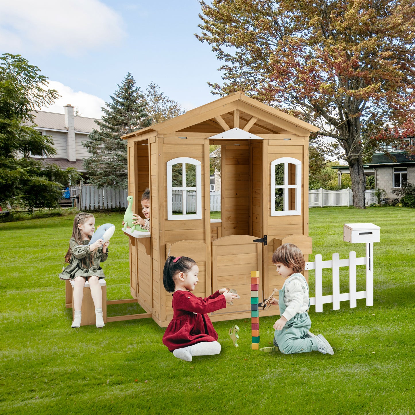 Outdoor Playhouse, Wooden Playhouses for Kids Ages 4-8 with Doorbells