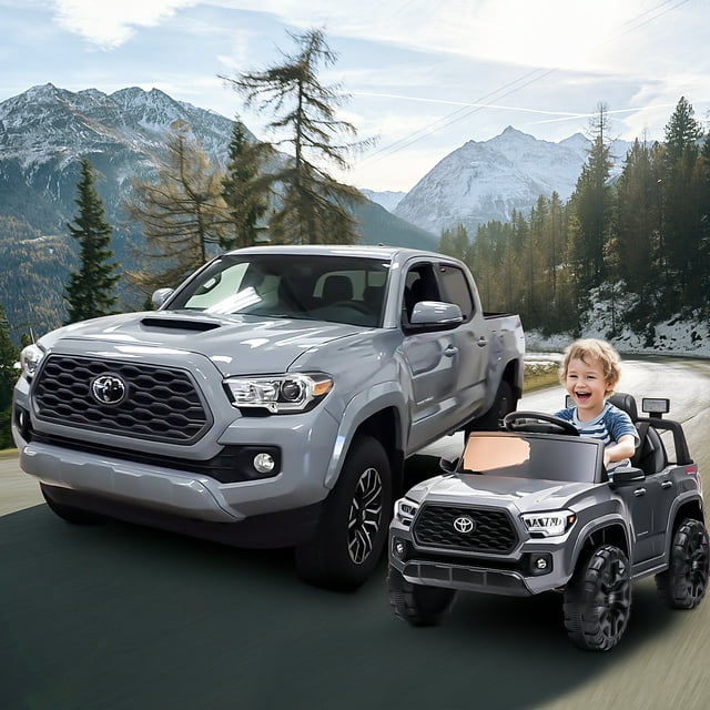 Toyota Tacoma Ride on Cars for Boys, 12V Powered Kids Ride on Cars Toy with Remote Control, Gray Electric Vehicles Ride on Truck with Headlights/Music Player for 3 to 5 Years Old Boy Girls GTIN:08043618885852