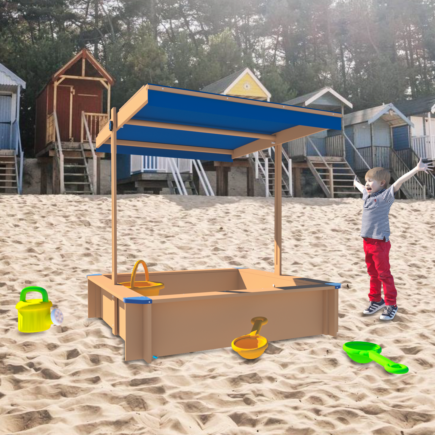 COCLUB Kids Sandbox with Cover, Outdoor Sandbox with Canopy Height Adjustable, Sand Pit for Backyard Play, Wooden Sand Box, Outdoor Toy Gifts for Children, Golden Red