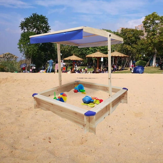 COCLUB Kids Sandbox with Cover, Outdoor Sandbox with Canopy Height Adjustable, Sand Pit for Backyard Play, Wooden Sand Box, Outdoor Toy Gifts for Children, Golden Red
