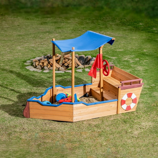 COCLUB Pirate Ship Sandbox, Kids Wooden Sandbox with Cover and Rudder, Boys and Girl Outdoor Toy with Storage Bench and Seat, Gift for Ages 3-8