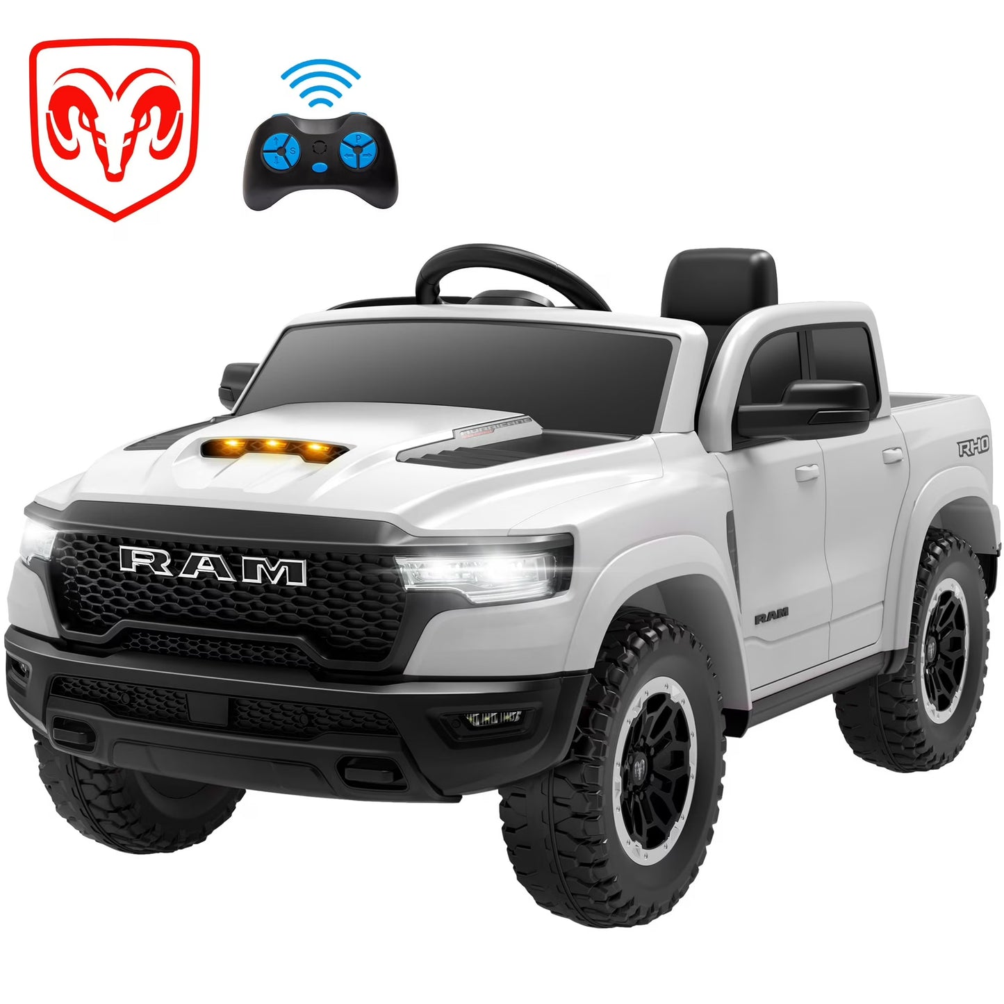 RAM 1500 Ride on Truck Cars, 12V Powered Ride on Toys with Remote Control, 4 Wheel Suspension Electric Cars for 3-5 Yrs Boy Girl W/Key Switch, Safety Belt, Music, Bluetooth, LED Lights, Blue