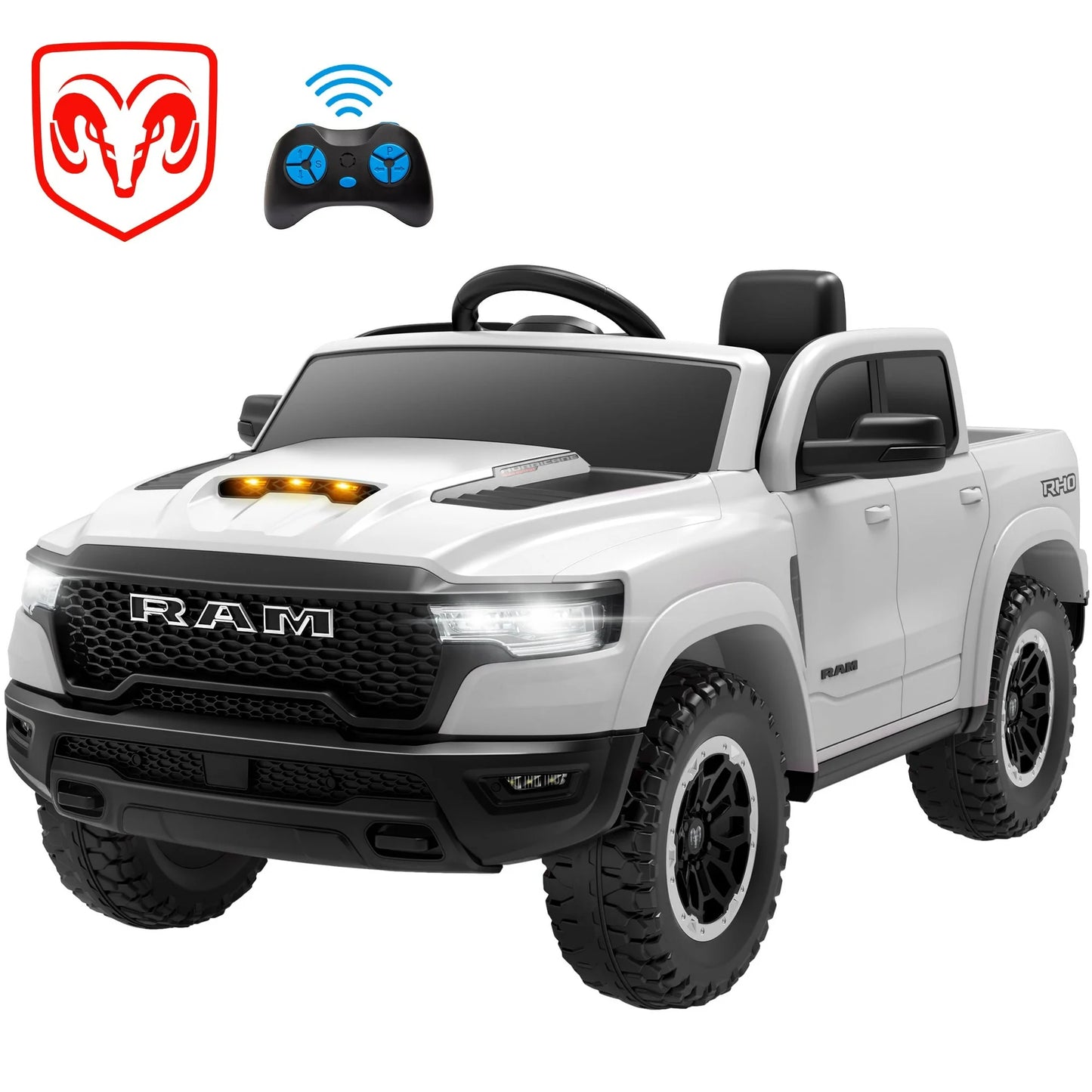 RAM 1500 Ride on Truck Cars, 12V Powered Ride on Toys with Remote Control, 4 Wheel Suspension Electric Cars for 3-5 Yrs Boy Girl W/Key Switch, Safety Belt, Music, Bluetooth, LED Lights, Black