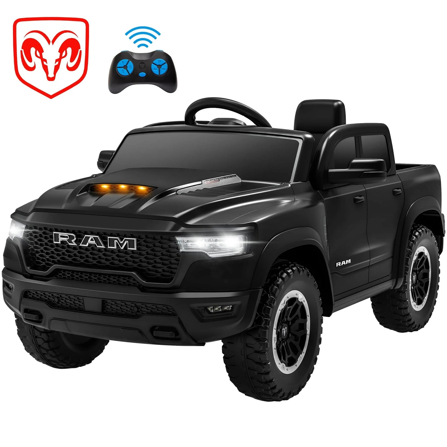 RAM 1500 Ride on Truck Cars, 12V Powered Ride on Toys with Remote Control, 4 Wheel Suspension Electric Cars for 3-5 Yrs Boy Girl W/Key Switch, Safety Belt, Music, Bluetooth, LED Lights, Black