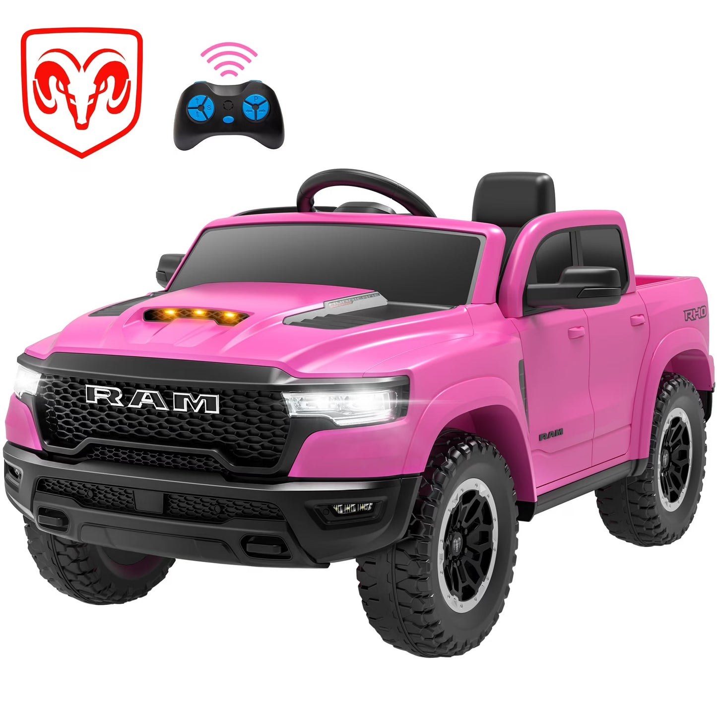 RAM 1500 Ride on Truck Cars, 12V Powered Ride on Toys with Remote Control, 4 Wheel Suspension Electric Cars for 3-5 Yrs Boy Girl W/Key Switch, Safety Belt, Music, Bluetooth, LED Lights, Blue