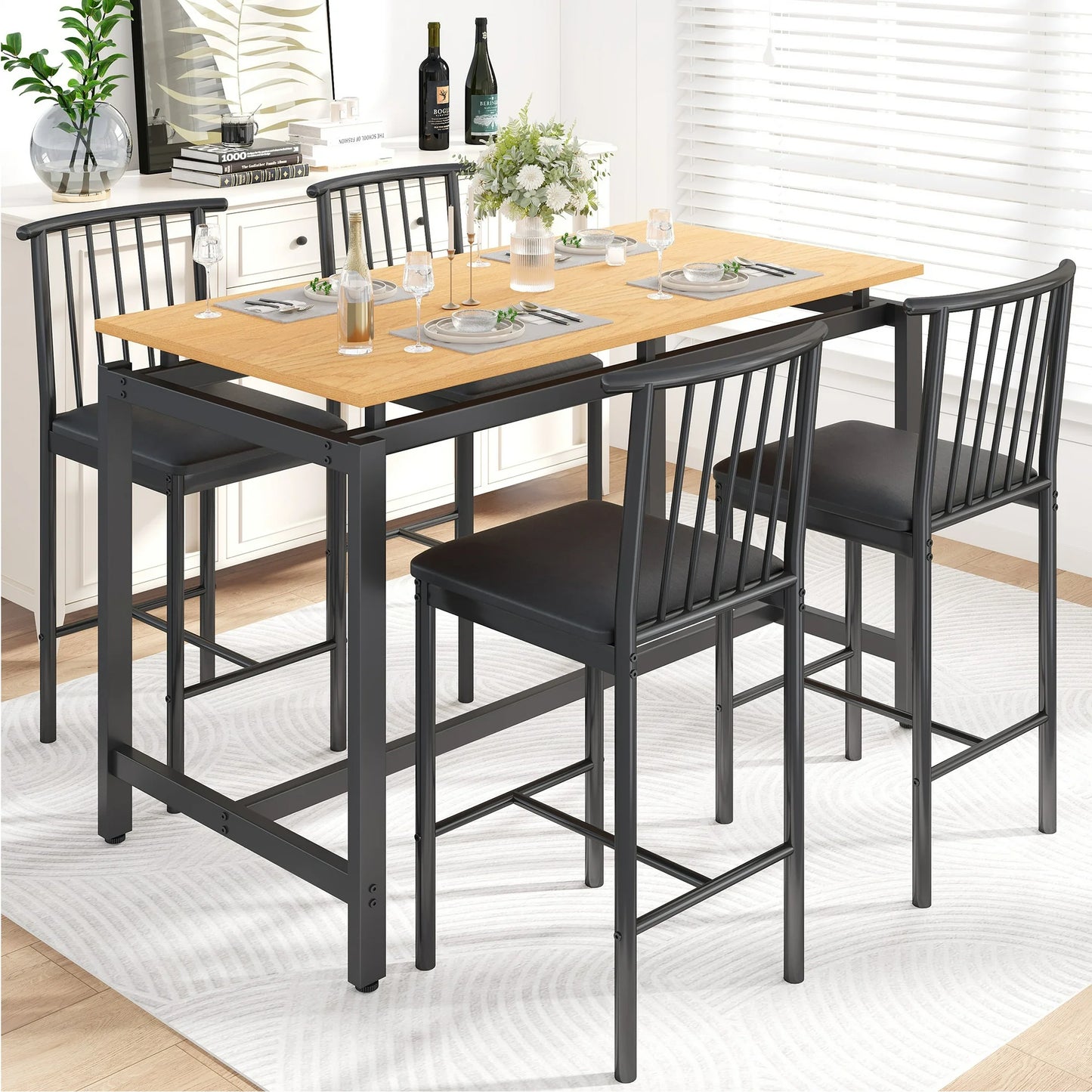 UHOMEPRO 5 Piece Bar Table Set, Faux Wood Look Dining Room Set with Upholstered and Ergonomically Designed Back Stools, Counter Height Table Set for Home and Bistro, Wood Color