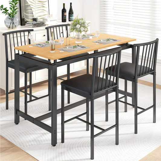 UHOMEPRO 5 Piece Bar Table Set, Faux Wood Look Dining Room Set with Upholstered and Ergonomically Designed Back Stools, Counter Height Table Set for Home and Bistro, Wood Color