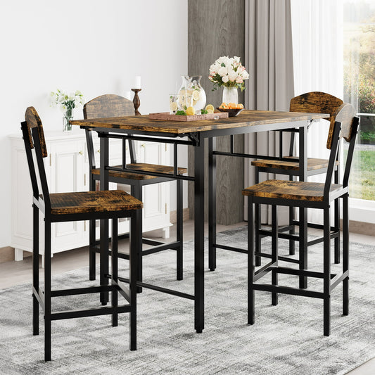 UHOMEPRO 5 Piece Counter Height Dining Table Set for 4 People, Extendable Kitchen Table Set with 4 Bar Chairs, Industrial Style Dining Room Set, Sturdy Frame and Board, Brown