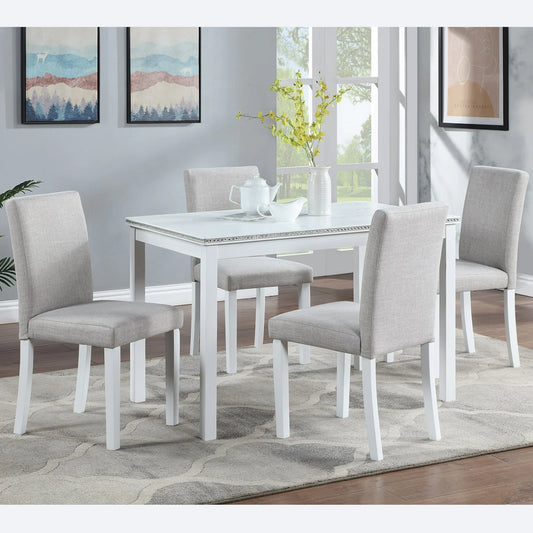 UHOMEPRO 5 Piece Dining Table Set, Modern Dining Table Sets with Rectangular Table and 4 Fabric Upholstered Chairs, Dining Set for Kitchen and Dining Room, White