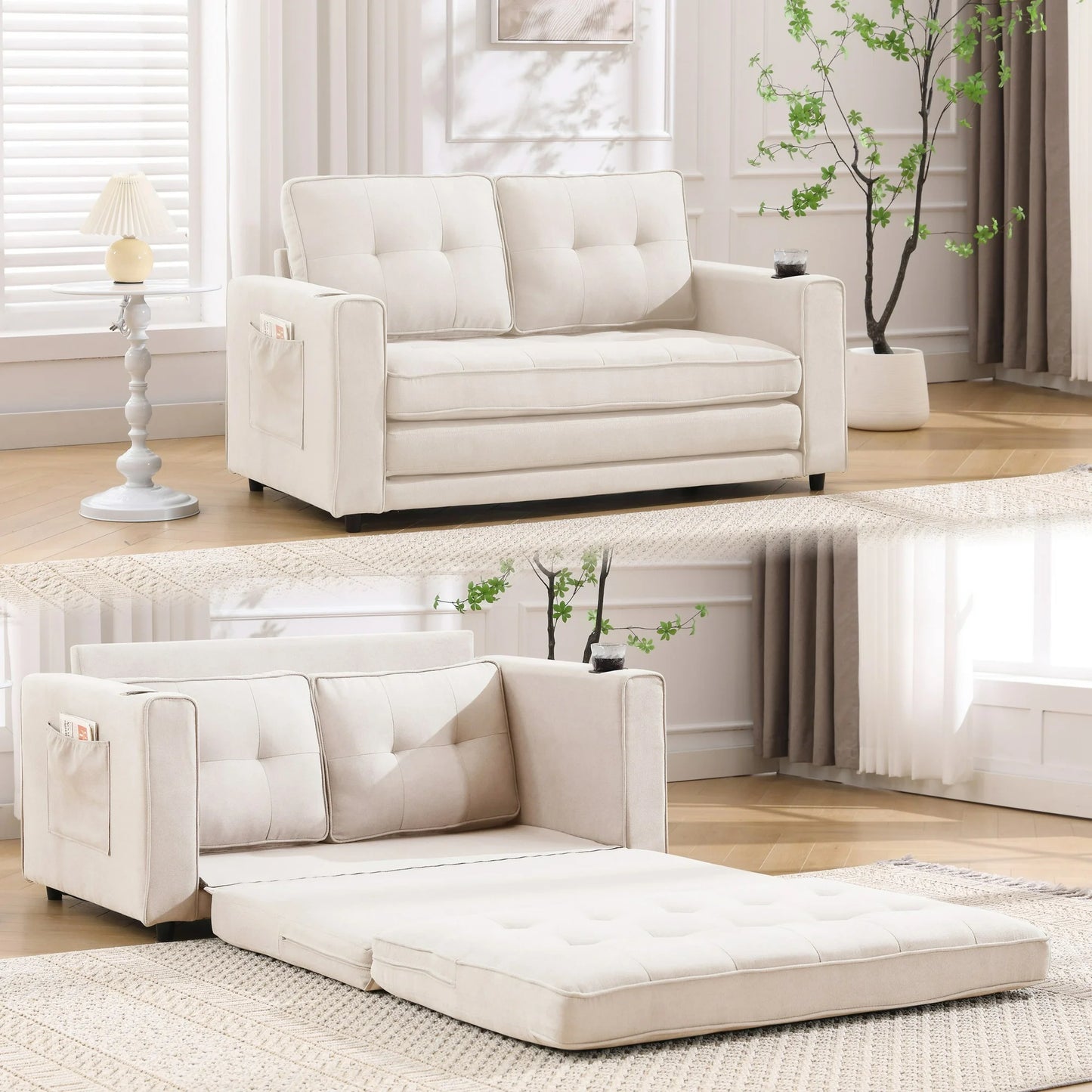 UHOMEPRO Convertible Futon Sofa Bed, Pull Out Loveseat Sleeper Sofa with Side Pockets and Cup Holders, Comfy 3-in-1 Foldable Sofa Couch, Upholstered Floor Couch for Living Room Apartment, Beige