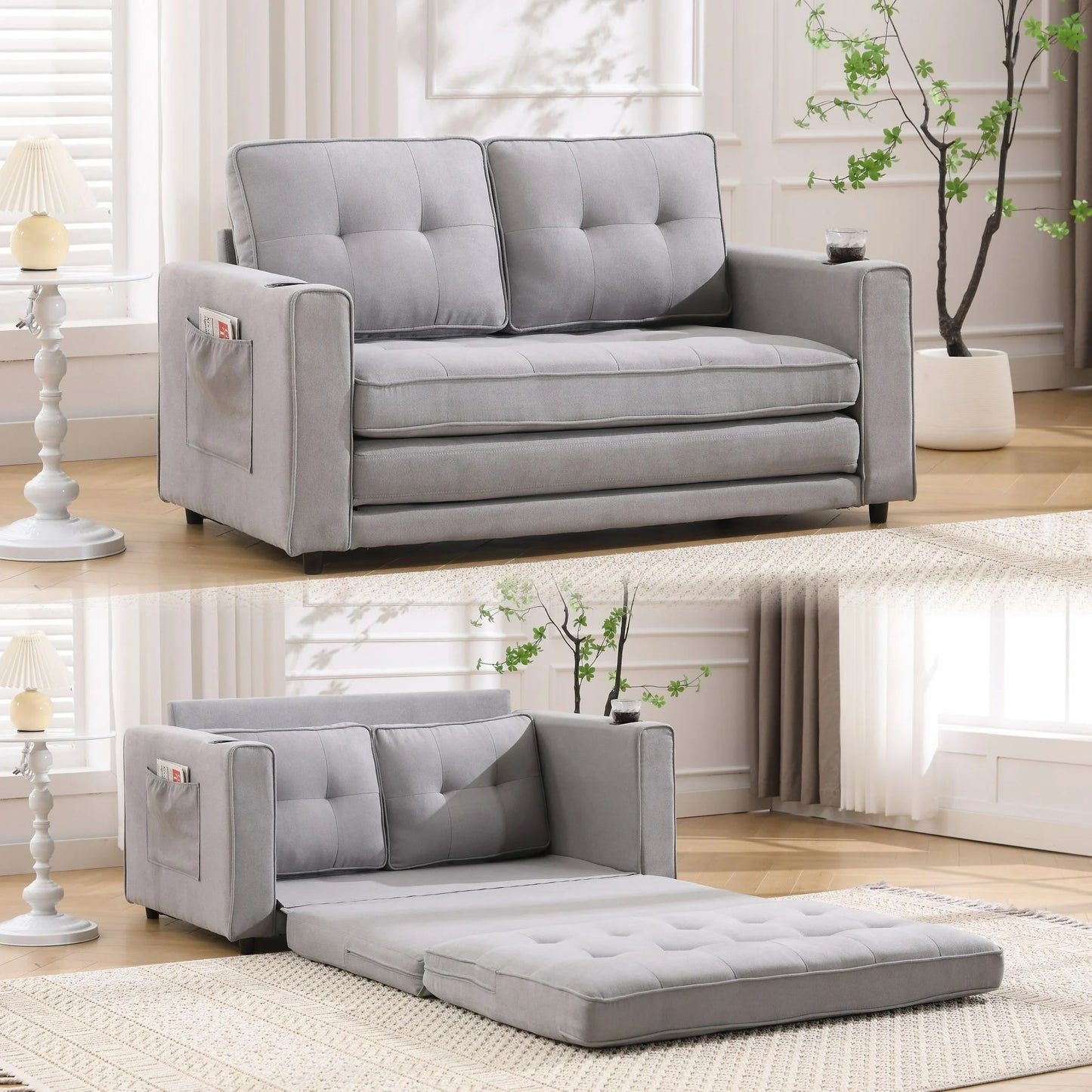 UHOMEPRO Convertible Futon Sofa Bed, Pull Out Loveseat Sleeper Sofa with Side Pockets and Cup Holders, Comfy 3-in-1 Foldable Sofa Couch, Upholstered Floor Couch for Living Room Apartment, Beige