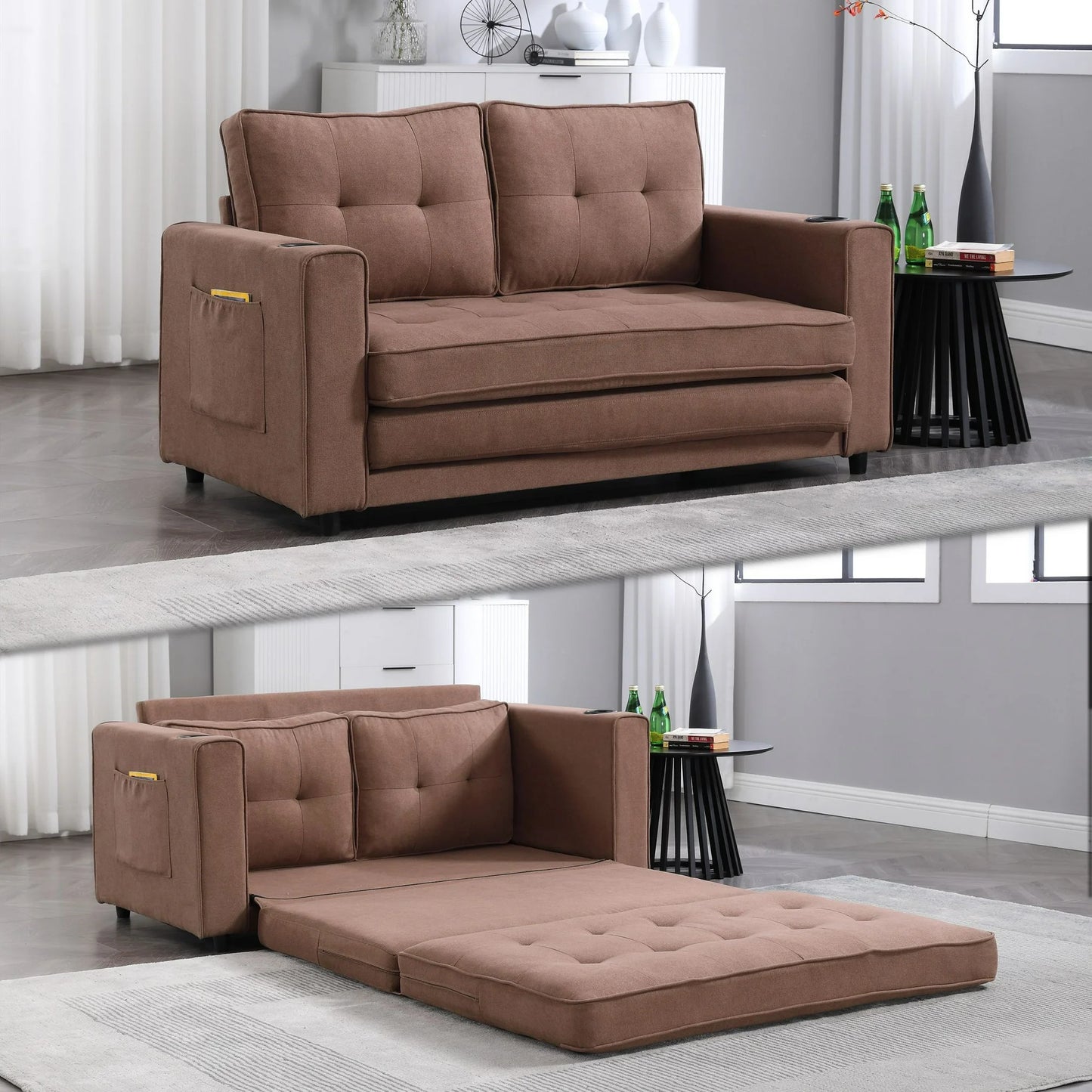 UHOMEPRO Convertible Futon Sofa Bed, Pull Out Loveseat Sleeper Sofa with Side Pockets and Cup Holders, Comfy 3-in-1 Foldable Sofa Couch, Upholstered Floor Couch for Living Room Apartment, Beige
