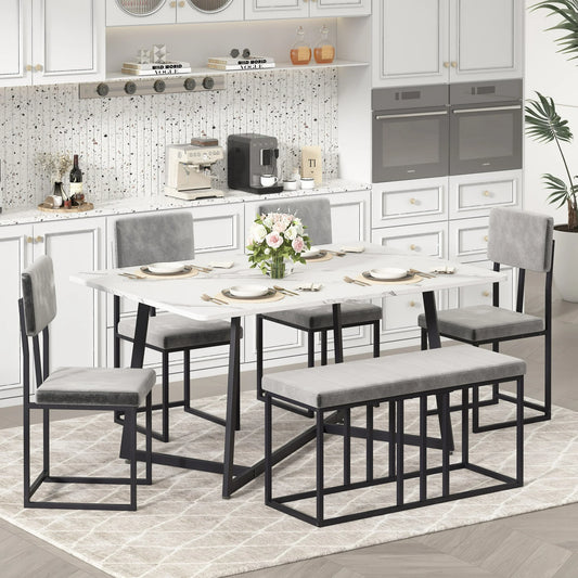 UHOMEPRO 6-Piece Dining Room Table Set, Modern Faux Marble Dining Table Set with 4 Leatherette Upholstered Chairs and Bench, Kitchen Table Set for Bar Living Room Breakfast Nook Small Space, Gray