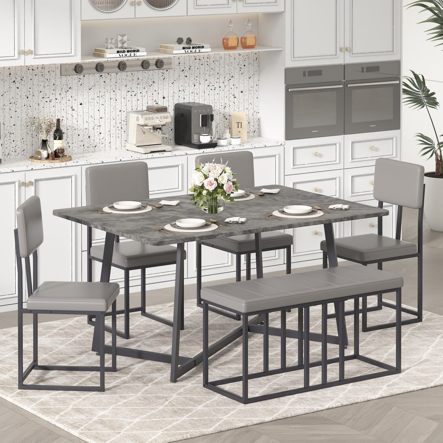 UHOMEPRO 6-Piece Dining Room Table Set, Modern Faux Marble Dining Table Set with 4 Leatherette Upholstered Chairs and Bench, Kitchen Table Set for Bar Living Room Breakfast Nook Small Space, Gray