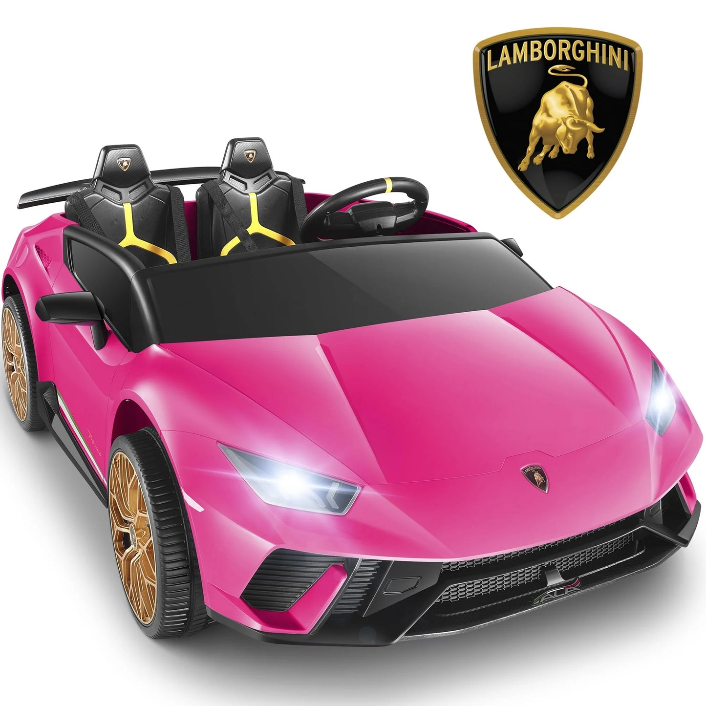 Lamborghini Huracan 24V Powered Ride on Car 2 Seat, 4WD Electric Cars for Kids with Remote Control, Suspension, LED Light, Music, Bluetooth, Children Ride on Toy for 3-8 Years Boys Girls, Black