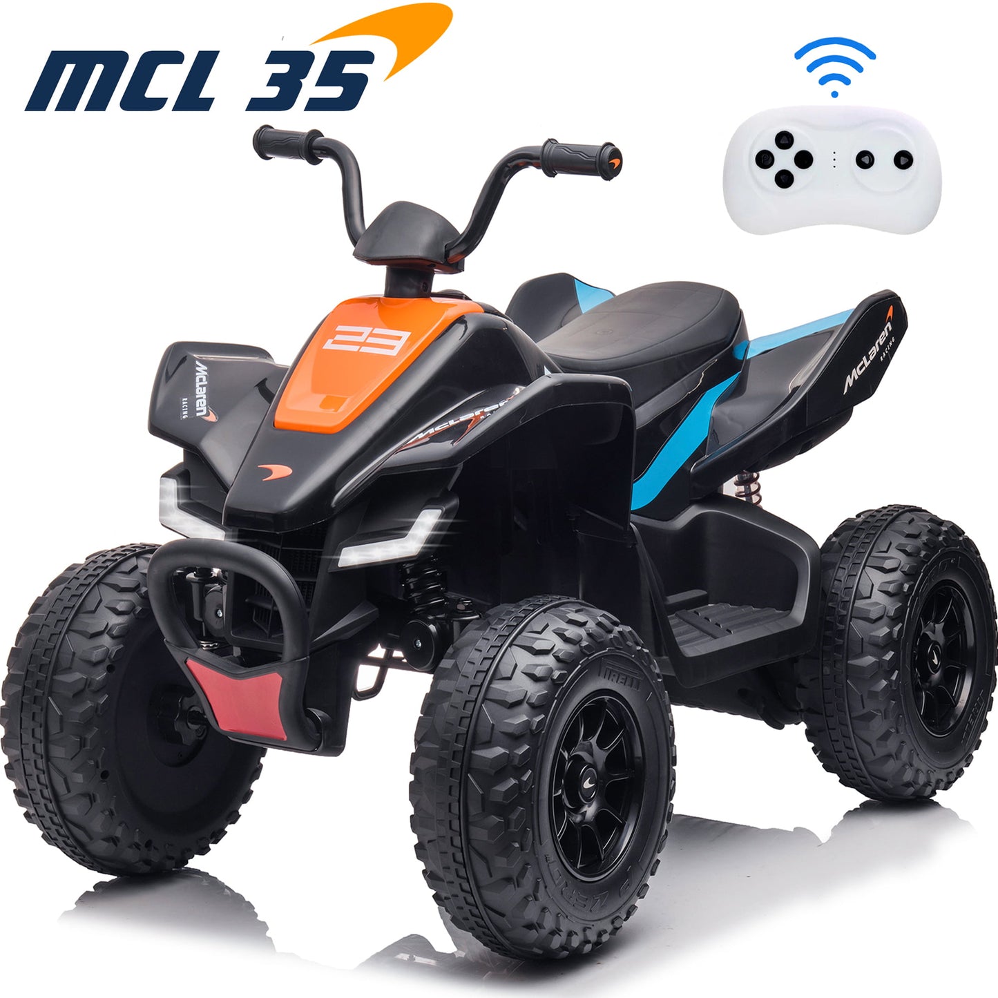 Licensed McLaren 12V Powered Ride on ATV, MCL 35 Liveries Ride on Toys Car with Remote Control, 35W Motor*2, Music Player, LED Light, Electric Motorcycle for 3-8 Years Old Boys Girls Gifts