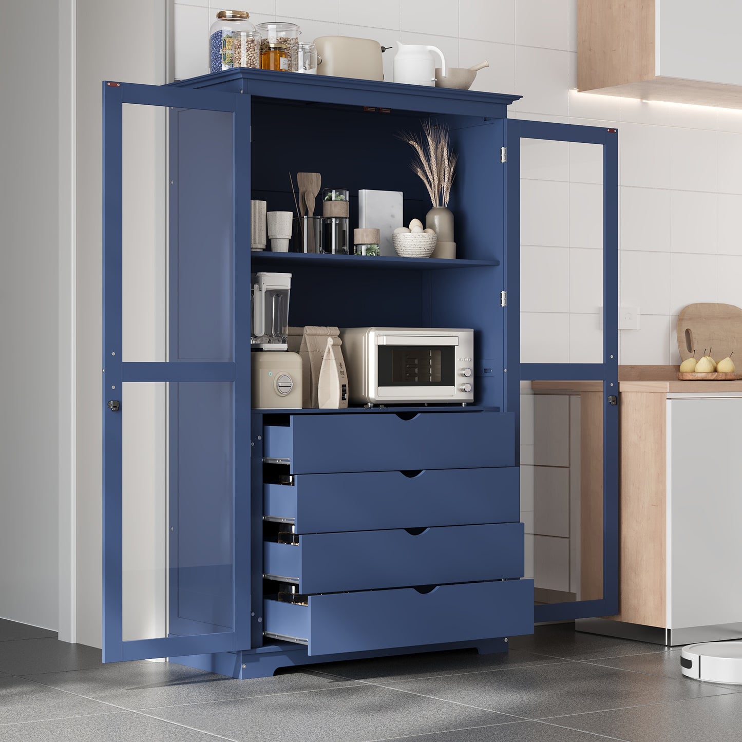 Uhomepro Kitchen Storage Cabinet, 75" Tall Wood Shelves with Glass Doors and 6 Built-in Drawers for Kitchen Pantry, Living Room, Blue