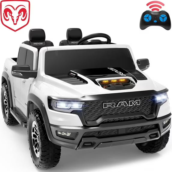RAM 1500 24V Powered Ride on Cars for Kids, Extra large Real 2 Seat Ride on Toys with Remote Control, LED Light, MP3 Player, Electric Vehicles Ride on Truck for Boys Girls Gifts, Black