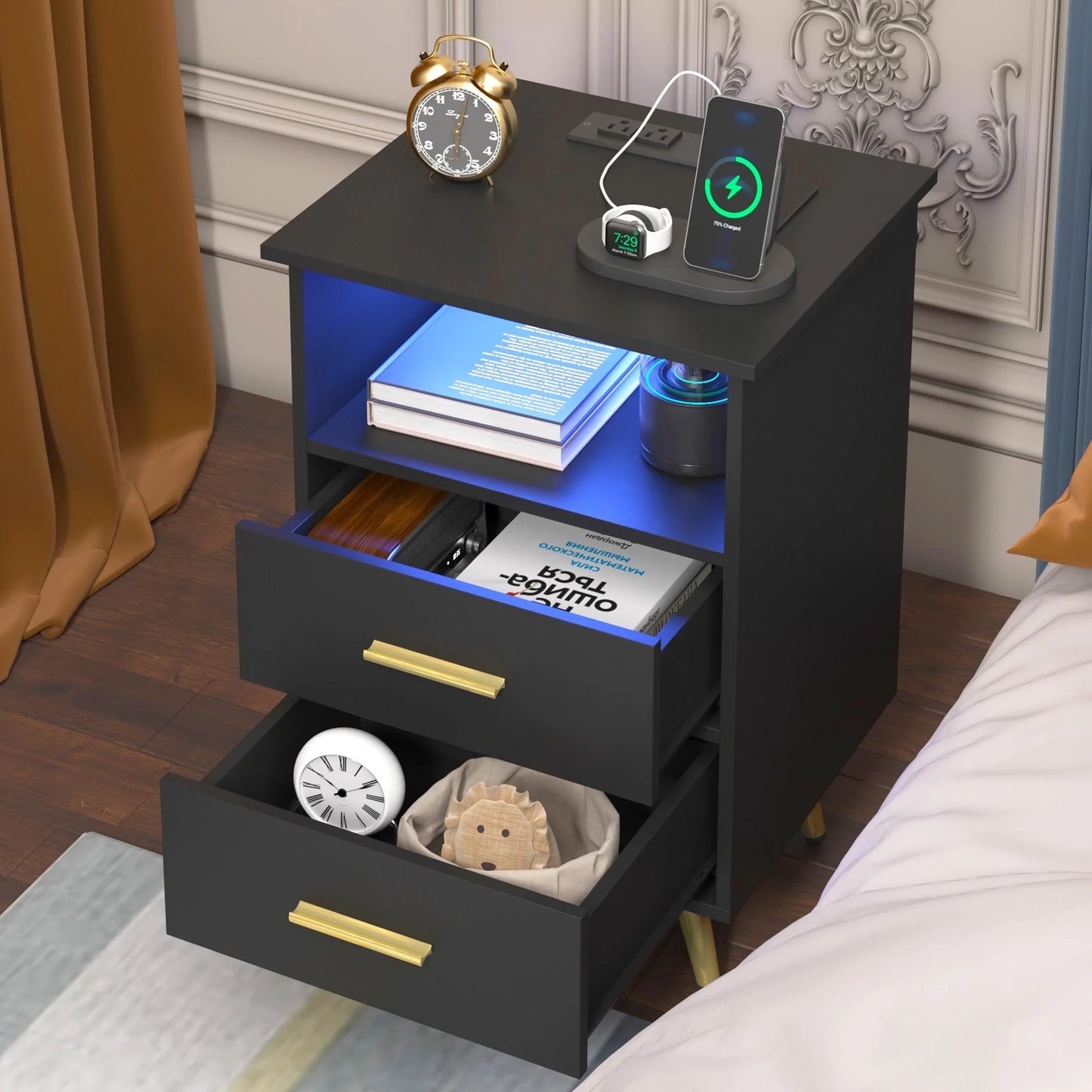 UHOMEPRO White Nightstand with Charging Station, Bedside Table with LED Lights Strips, Modern End Side Table, Versatile Nightstand with Drawers, Side Table for Home and Office