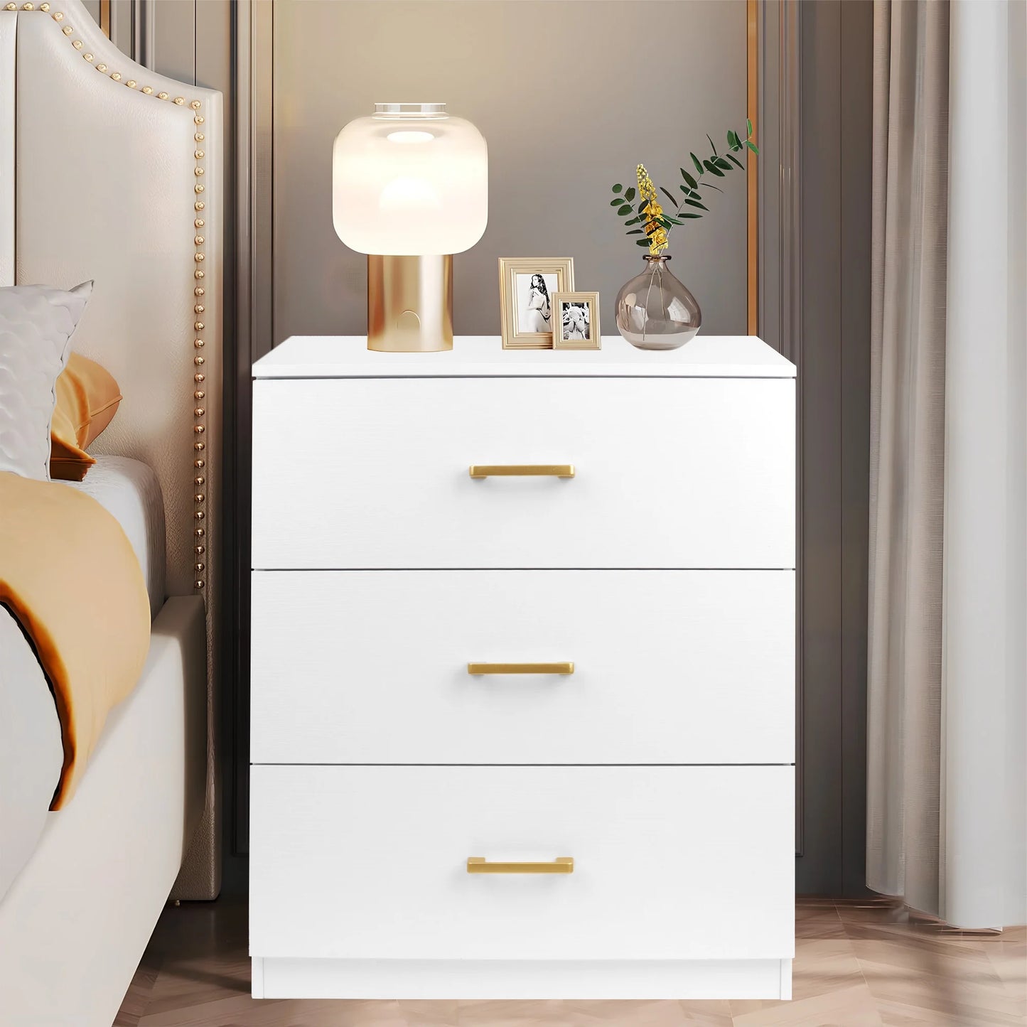 UHOMEPRO New Upgrade Nightstand, Modern White Nightstand with 3 Drawers, Wood Bedside Table Night Stand for Bedroom