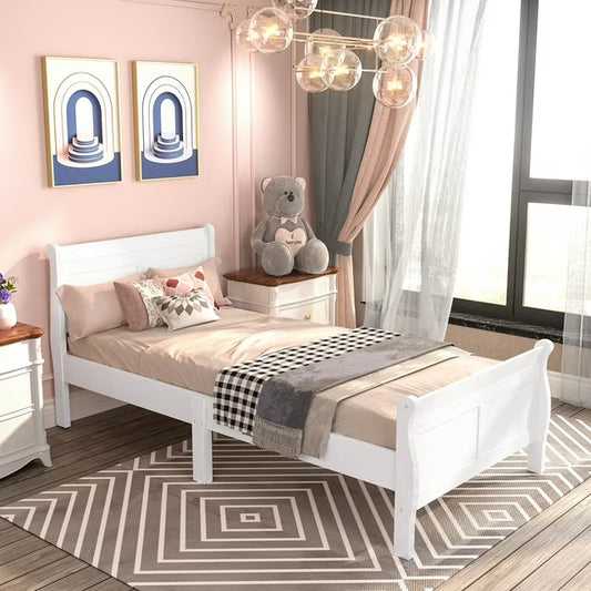 UHOMEPRO Twin Size Bed Frame with Headboard | Solid Wood Platform Bed Frame, No Box Spring Needed | 500 lbs Capacity (Modern White)