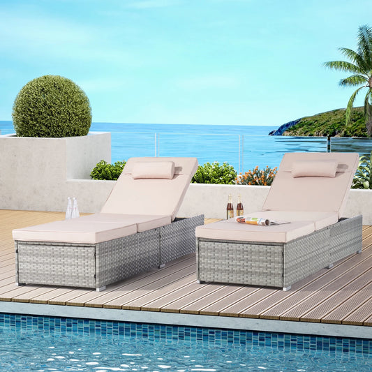 UHOMEPRO 2PCS Outdoor Chaise Lounge, Modern Patio Wicker Chaise Lounge Set with Adjustable Back, Cushioned Chaise Lounge Patio Furniture Set for Pool Garden, Steel Frame, Easy Assembly, Beige
