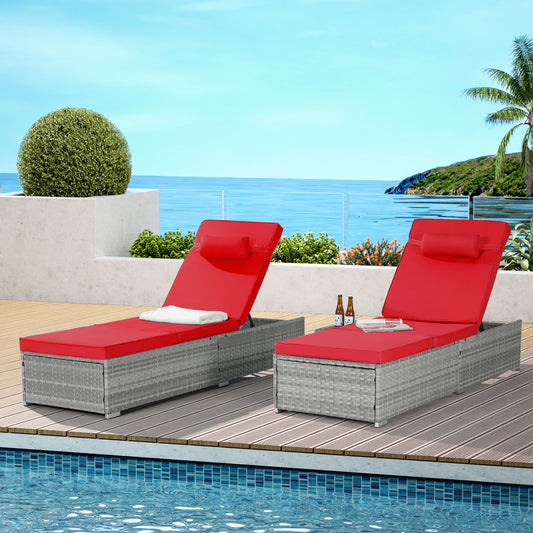 UHOMEPRO 2PCS Outdoor Chaise Lounge, Modern Patio Wicker Chaise Lounge Set with Adjustable Back, Cushioned Chaise Lounge Patio Furniture Set for Pool Garden, Steel Frame, Easy Assembly, Red