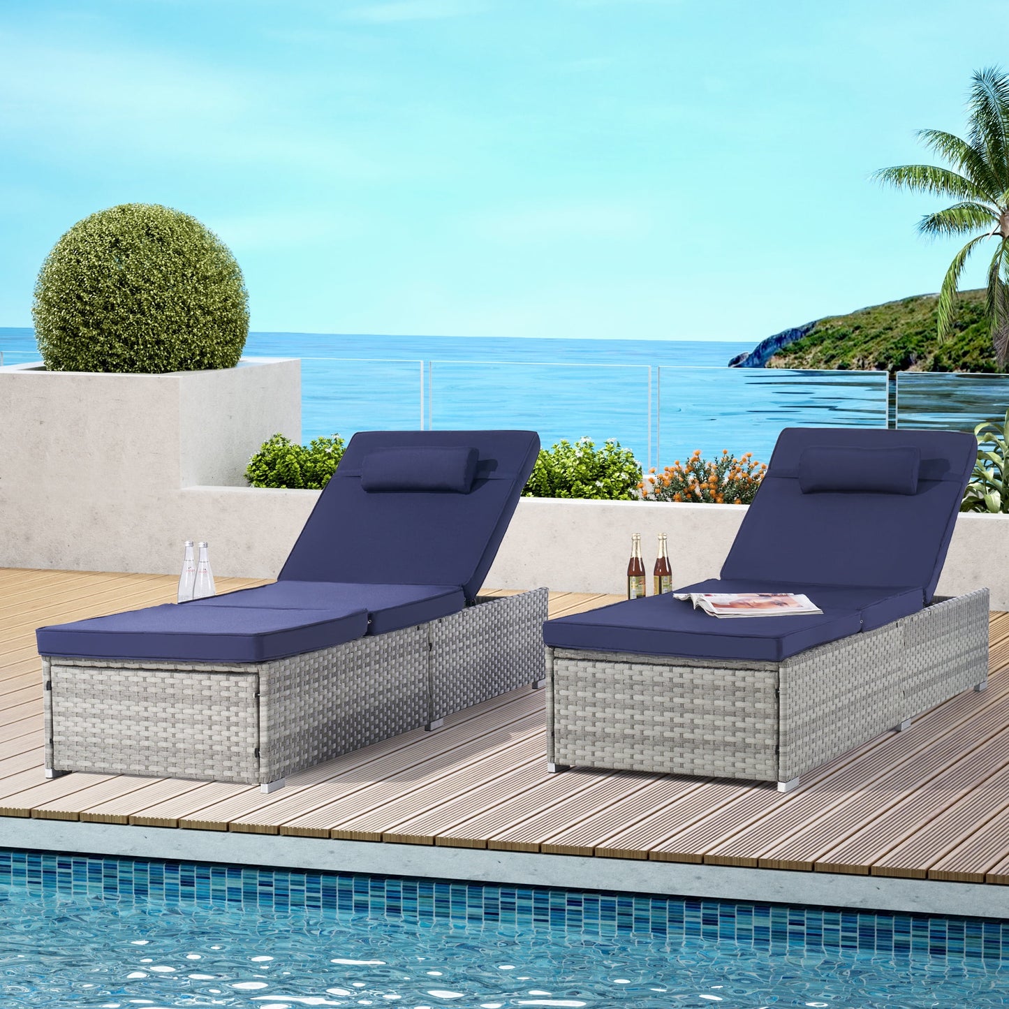 UHOMEPRO 2PCS Outdoor Chaise Lounge, Modern Patio Wicker Chaise Lounge Set with Adjustable Back, Cushioned Chaise Lounge Patio Furniture Set for Pool Garden, Steel Frame, Easy Assembly, Purple
