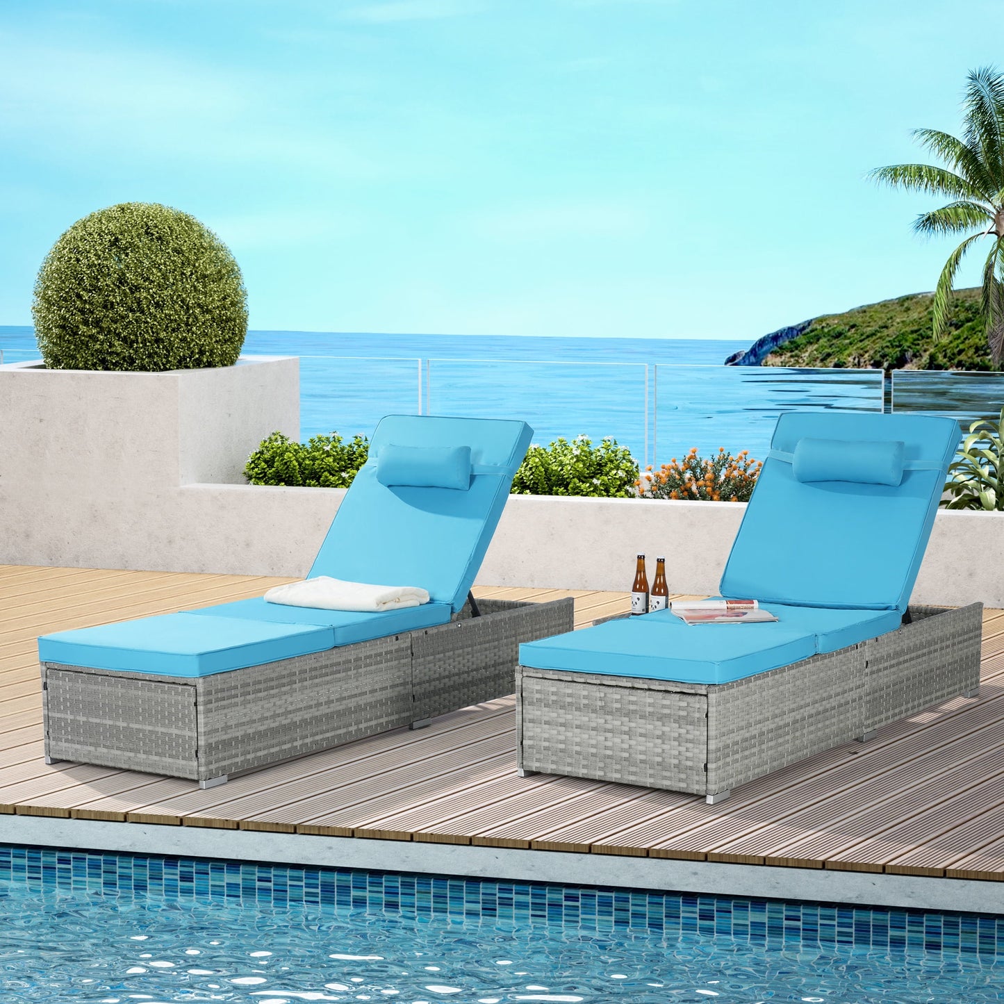 UHOMEPRO 2PCS Outdoor Chaise Lounge, Modern Patio Wicker Chaise Lounge Set with Adjustable Back, Cushioned Chaise Lounge Patio Furniture Set for Pool Garden, Steel Frame, Easy Assembly, Blue