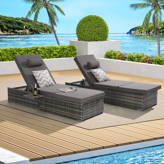 UHOMEPRO 2pcs Chaise Lounge Chair, Modern Rattan Wicker Outdoor Chaise Lounge Set for Patio Poolside Garden, All-Weather Recliner for Beach w/Cushion, Pillow, Back Adjustable, Steel Frame, Red