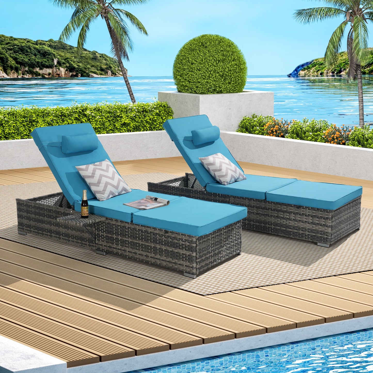 UHOMEPRO 2pcs Chaise Lounge Chair, Modern Rattan Wicker Outdoor Chaise Lounge Set for Patio Poolside Garden, All-Weather Recliner for Beach w/Cushion, Pillow, Back Adjustable, Steel Frame, Red
